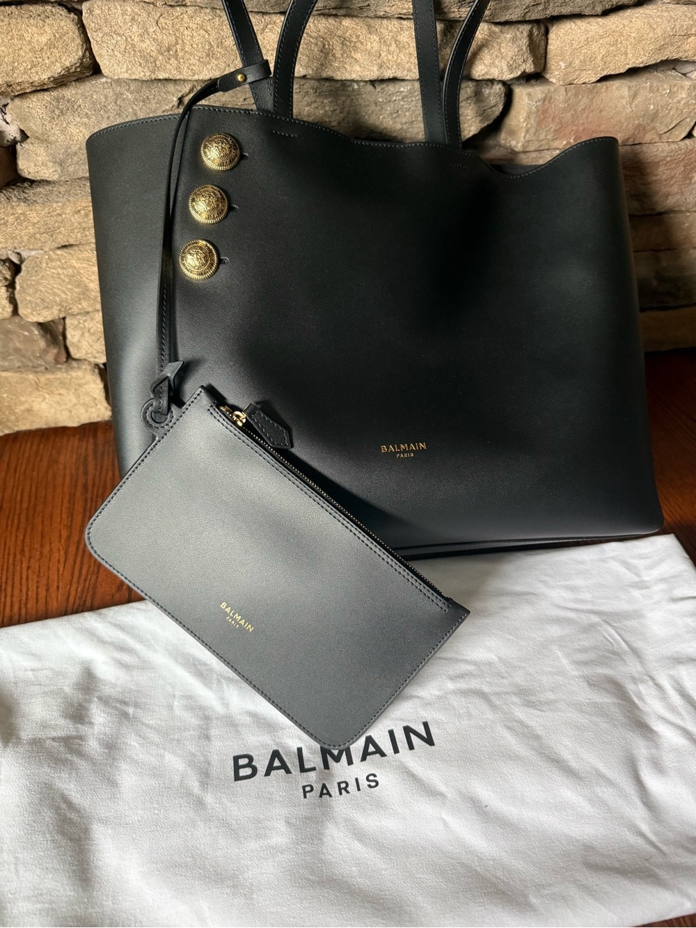 Balmain Black Leather Tote with Gold Button Accents and Matching Pouch